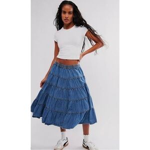 Free People NWOT Full Swing Tiered Cotton Blend Midi Skirt